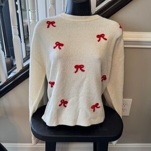 Z Supply "Tie The Ribbon" Sweater, warm, white, embroidered, red bow, MED